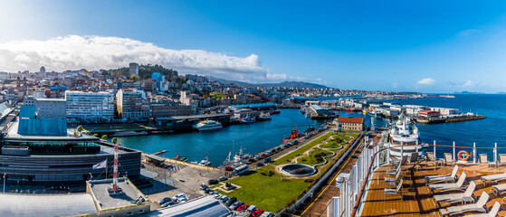 A view across the cruise terminal in Vigo, Spain on a spring day - obrazy, fototapety, plakaty