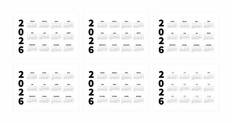Set of 2026 year simple horizontal a4 size calendars in english, spanish, russian, french, chinese and german languages, typographic calendar isolated on white