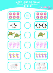 Obraz premium Choose more, less or equal game. Math education worksheet with animal theme. Educational printable math worksheet. Vector illustration.