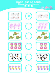 Choose more, less or equal game. Math education worksheet with animal theme.  Educational printable math worksheet. Vector illustration.