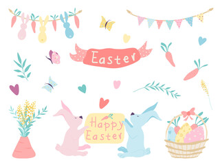 Fototapeta premium Easter postcard with rabbits, carrots, butterfly, garlands and typography. Hand drawn garland with rabbits and carrots. Spring holiday vector illustration