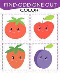 Find odd one out - game for kids to study colors, fruit and vegetables and develop logic. Printable worksheet. Educational game for children, kids preschool age.