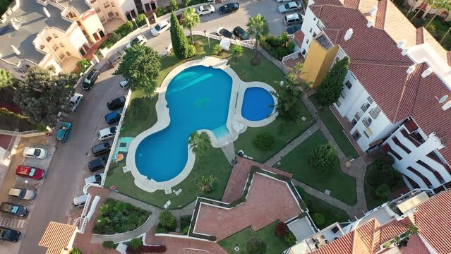 Aerial 4K video from drone to of house pools RIVIERA DEL SOLA, Mijas, Malaga, Andalusia, Costa del Sol of Mediterranean. Europe (Series)