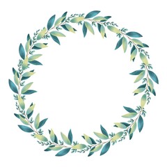 Hand Drawing Watercolor blue-green flowers wreath. Use for poster, greeting card, celebration, wedding, print, design, stickers, shop, advertising, marketing, packaging, birthday