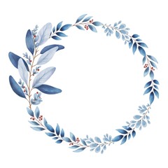 Hand Drawing Watercolor blue flowers wreath with berries. Use for poster, greeting card, celebration, wedding, print, design, stickers, shop, advertising, marketing, packaging, birthday