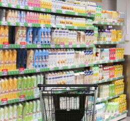 choosing a dairy products at supermarket.empty grocery cart in an empty supermarket