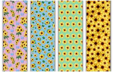 Set of colorful seamless patterns with cartoon sunflowers, leaves, twigs and  bouquets. Endless flower pattern for wrapping paper, background, wallpaper, etc.