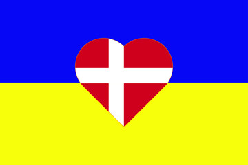 Heart painted in the colors of the flag of Denmark on the flag of Ukraine. Vector illustration of a heart with the national symbol of Denmark on a blue-yellow background.
