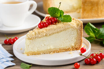 Royal cottage cheese cheesecake decorated with red currants and mint. Healthy dessert. Selective focus 