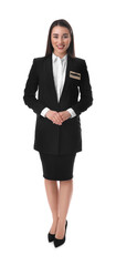 Full length portrait of happy young receptionist in uniform on white background