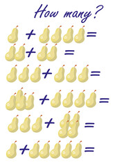 How many objects (pears).Preschool Counting Activities. Printable worksheet. Educational game for children, kids preschool age. Mathematics task. Learning mathematics, numbers.Tasks for addition.