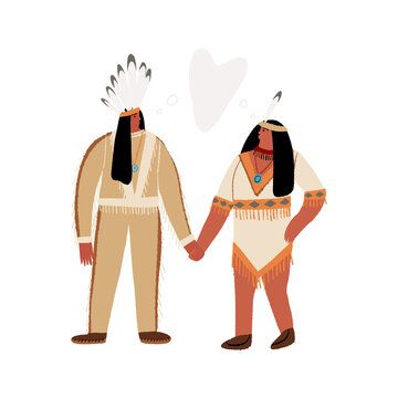 Native American couple in love, a man in ethnic costume holding a hand of his wife. Indigenous people of America. 