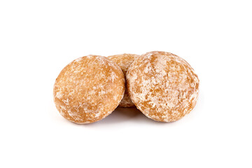 Gingerbread with jam, close-up, isolated on white background.