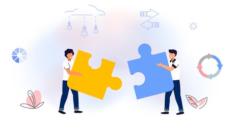 Finding common ground Search for opinion compromise concept Cooperation and united partnership Mentorship Guidance and leadership Empathy and communication Face to face heads Vector flat illustration