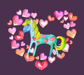Watercolor illustrations of a turquoise blue unicorn with a yellow mane in hearts in a frame of hearts on a dark purple