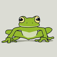 green frog with yellow eyes facing forward on gray background