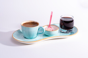 Image of Turkish Coffee, Turkish Delight and Turkish Cherry Sherbet taken with selective focus from...