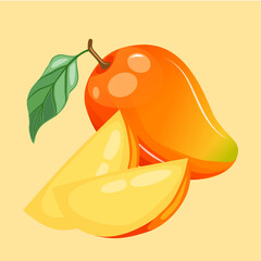 A big yellow mango fruit with green leaf and pieces of mango, flat vector image.