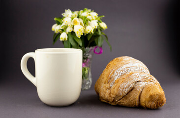 breakfast morning coffee with snowdrop flowers