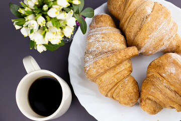 breakfast morning coffee with snowdrop flowers
