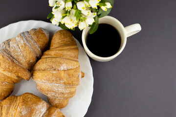 breakfast morning coffee with snowdrop flowers