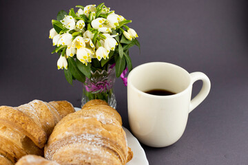 breakfast morning coffee with snowdrop flowers