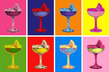 Set of Colored Cocktails Vector Illustration. Pop art Style