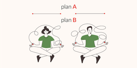 Plan B Alternative difficult path concept vector illustration. People's challenge to choose strategy. Men with chaos way. Positive woman thinking route. Straight decision vs messy and hard curve