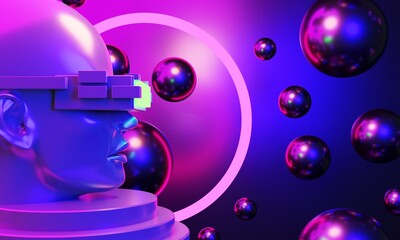 metaverse vr simulation gaming cyberpunk style, digital robot, 3d illustration rendering, virtual reality