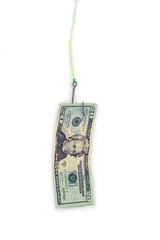 Twenty dollar bill dangling from a fish hook on white background 