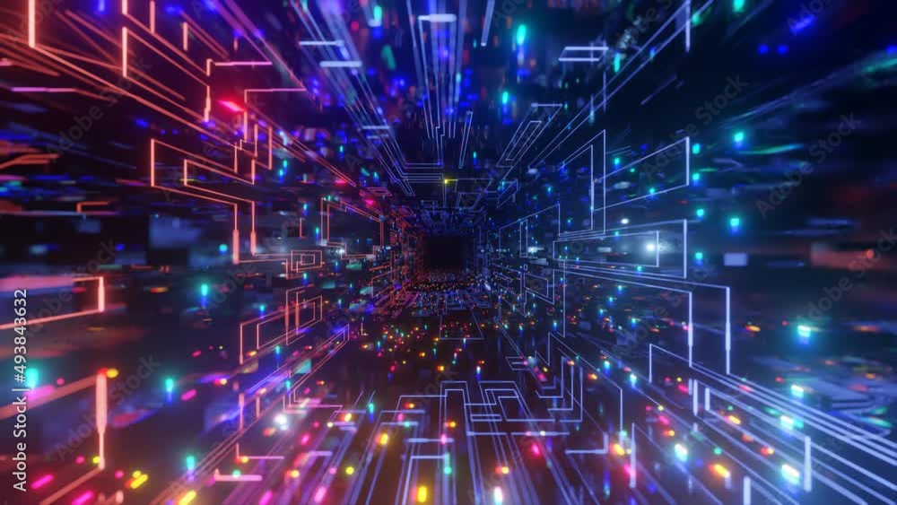 Poster pattern like sci-fi hologram. fly through technology cyberspace with neon glow. sci-fi flight throug