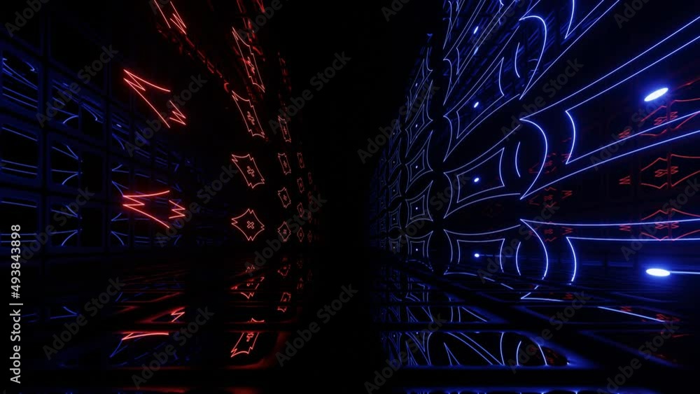 Poster hi-tech neon sci-fi tunel. trendy neon glow lines form pattern and construction in mirror tunnel. fl
