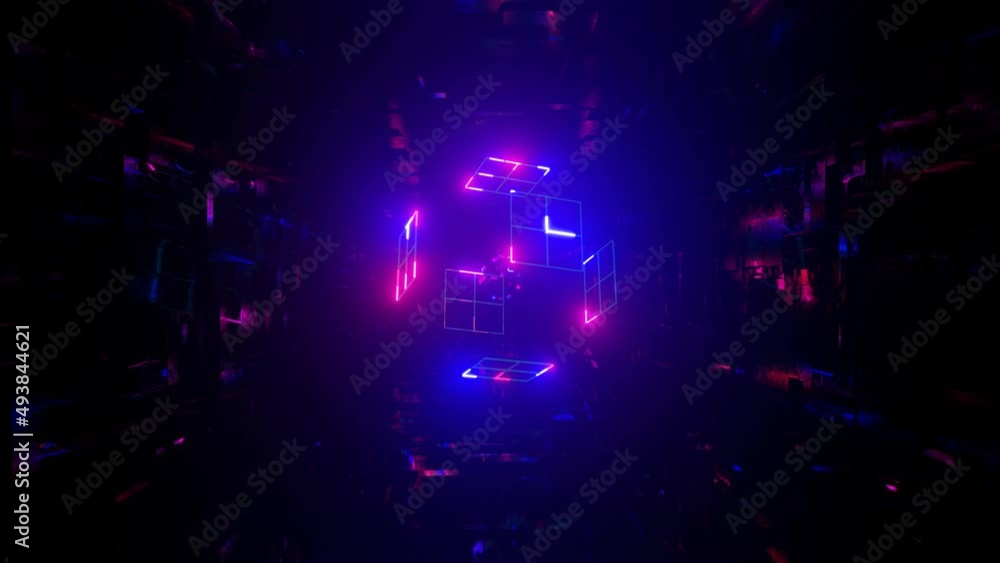 Poster 3d object or structure rotates and moves inside glass mirror tunnel with neon light, bright reflecti