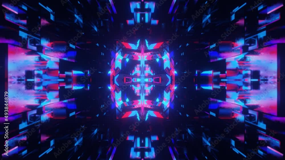Poster symmetrical 3d object or structure rotates and moves inside glass mirror tunnel with neon light, bri