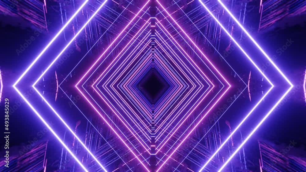 Poster 4k seamless looped animation. fly through mirror symmetrical tunnel with neon pattern, sci fi glow p