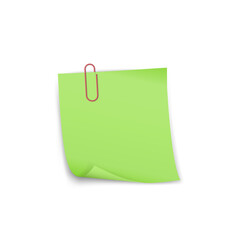 Paper memo note with metal paperclip. Green sticker sheet for message or notification text