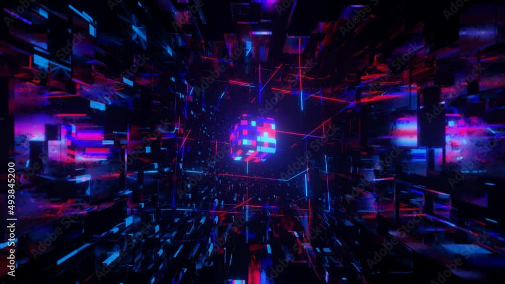 Poster 3d object or structure rotates and moves inside glass mirror tunnel with neon light, bright reflecti