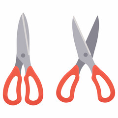 Two scissors set with red handles. Items isolated on white background.Flet vector illustration.