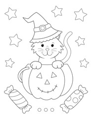 cute cartoon cat inside a halloween pumpkin. coloring page for kids or adults. simple design illustration that you can print on standard 8.5x11 inch paper