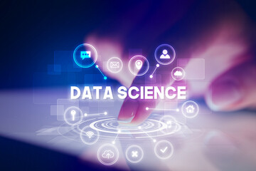 Finger touching tablet with web technology icons concept