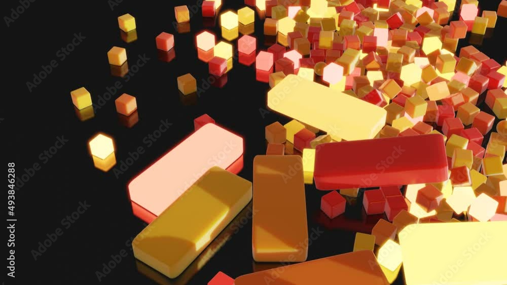 Poster abstract garland of multicolored glow cubes lay on plane. 3d render abstract looped christmas backgr