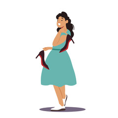 Little Girl Hold Heeled Shoes in Hands, Preteen or Teen Lady Changing and Fitting Footgear. Female Child Choose Apparel