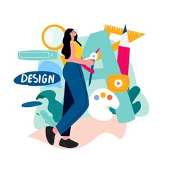 Design studio, designing, graphic design, drawing, art, creative ideas, education flat vector illustration. Online courses and tutorials concept for mobile and web graphics