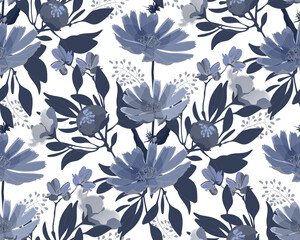 Vector floral seamless pattern. Navy blue flowers isolated on a white background. 