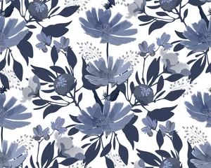 Acrylic prints Blue and white Vector floral seamless pattern. Navy blue flowers isolated on a white background. 