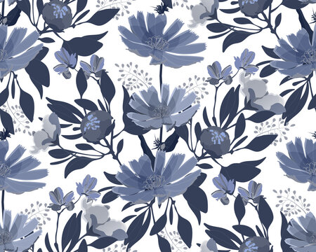Vector floral seamless pattern. Navy blue flowers isolated on a white background. 