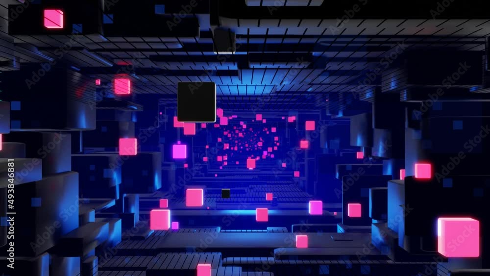 Poster tunnel with neon light. sci-fi bg fly through tech digital space. concept of hi-tech information flo