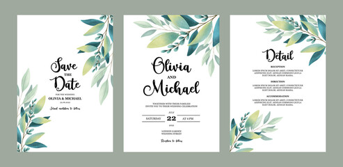 Hand Drawing Watercolor Floral Wedding greeting invitation card set collection. Plants with Lettering. Template use for poster, card, print, postcard, flyers, invitation, wedding, celebration