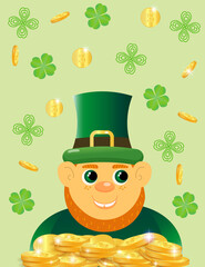 Vector illustration of leprechaun. Greeting card for St Patrick's day in flat style.