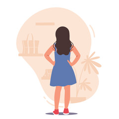 Little Girl Stand with Arms Akimbo front of Apparel Store Shelves Choose Clothes or Accessories. Female Child Shopping